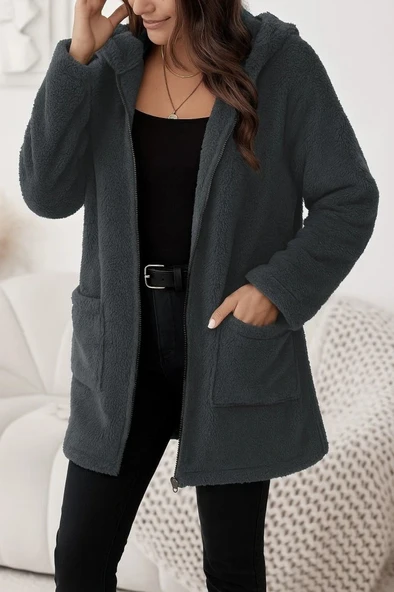 Kadın Uzun Kollu Kapşonlu önden Fermuarlı Cepli Welsoft Ceket ürün görseli