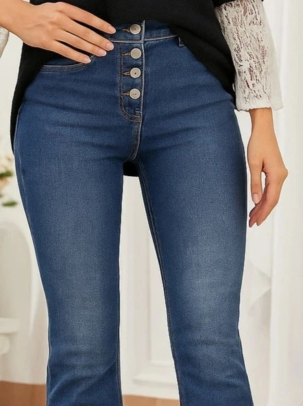 Kadın Yüksek Bel önden Düğmeli Cep Detay Ispanyol Paça Denim Pantolon - Resim 2