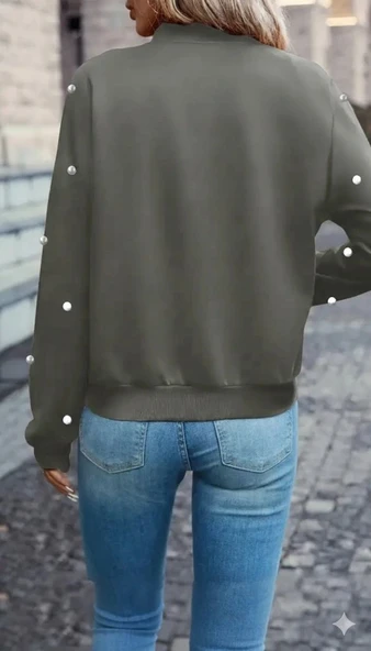 Kadın Uzun Kollu önden Fermuarlı Incili Kısa Modal Ceket - Resim 4
