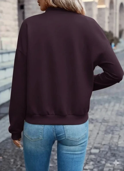 Kadın Uzun Kollu önden Fermuarlı Cepli Modal Mürdüm Ceket - Resim 3