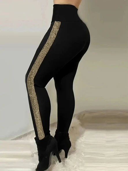 Kadın Yüksek Bel Yan şerit Detaylı Dalgıç Tayt - Resim 3