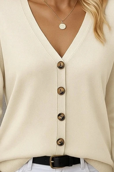 Kasın Uzun Kollu önü Düğmeli Kısa Hırka - Resim 3