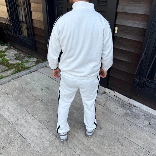 Erkek Çift Şeritli Eşofman Takım Dik Yaka Fermuarlı weatshirt Boru Paça Alt, Oversize 3 Iplik Pamuklu  Beyaz - Resim 4