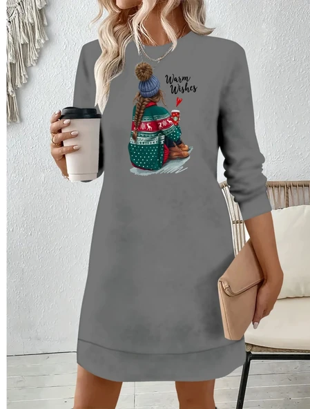 Kadın Uzun Kollu Bisiklet Yaka Desenli Viskon Iki Iplik Elbise ürün görseli