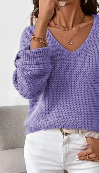 Kadın Uzun Kollu V Yakalı Düğmeli Triko Bluz - Resim 2