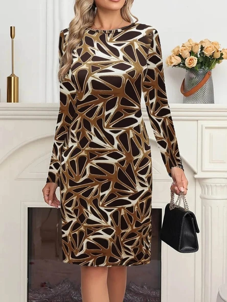 Kadın Uzun Kollu Bisiklet Yaka Desenli Dalgıç Kısa Elbise - Resim 3