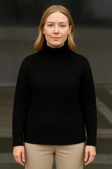 Balıkcı Yaka Bağazlı Triko Kazak Pamuklu Kalın Fitilli Dokuma  iyah ürün görseli 1