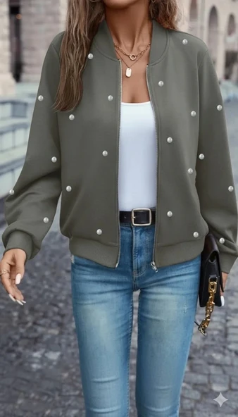 Kadın Uzun Kollu önden Fermuarlı Incili Kısa Modal Ceket ürün görseli 1