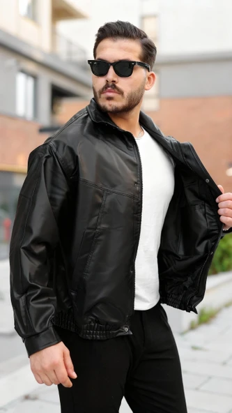 Erkek Içi Astarlı Oversize Deri Ceket - Resim 3