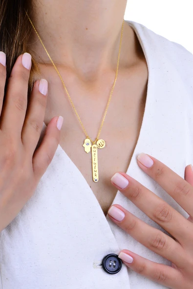 Gümüş altın yaldızlı Allah Lafzı mineli koruyucu MUTLULUK yazılı kolye SGTL13000GOLD ürün görseli 1