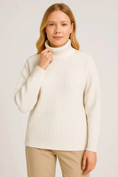 Balıkcı Yaka Bağazlı Triko Kazak Pamuklu Kalın Fitilli Dokuma  Beyaz ürün görseli