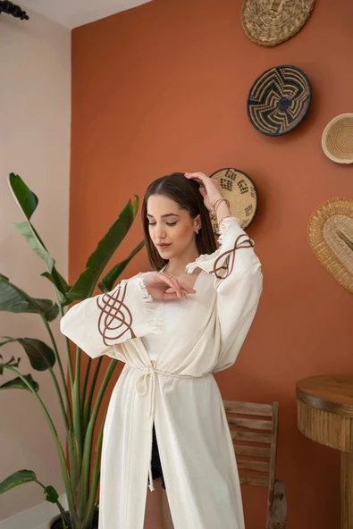 Kahverengi Baskı Detay Keten Hırka - Resim 3