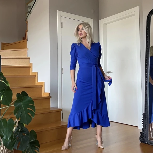 Krep Kumaş idi Boy Kuşaklı Uzunkol Elbise ürün görseli