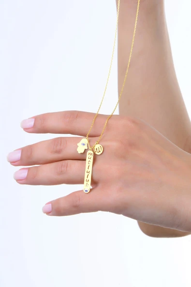 Gümüş altın yaldızlı Allah Lafzı mineli koruyucu MUTLULUK yazılı kolye SGTL13000GOLD - Resim 3