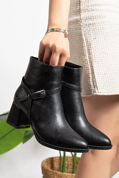 Feles Toka Detaylı Klasik Topuklu Kadın Bot - Resim 5