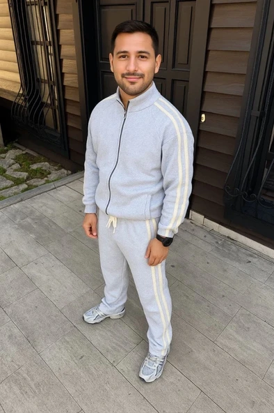 Erkek Çift Şeritli Eşofman Takım Dik Yaka Fermuarlı weatshirt Boru Paça Alt, Oversize 3 Iplik Pamuklu  Gri ürün görseli