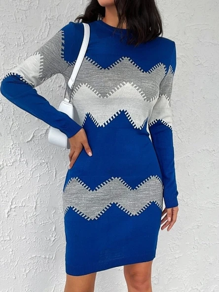 Kadın Uzun Kollu Zigzag Desen Triko Elbise - Resim 4