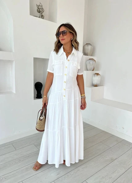 Kadın Dokuma Kumaş Cep Detaylı axi Boy Gömlek Elbise - Resim 2