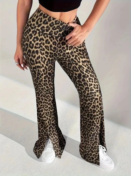 Kadın Yüksek Bel Leopar Desenli Yırtmaçlı Dalgıç Tayt - Resim 2