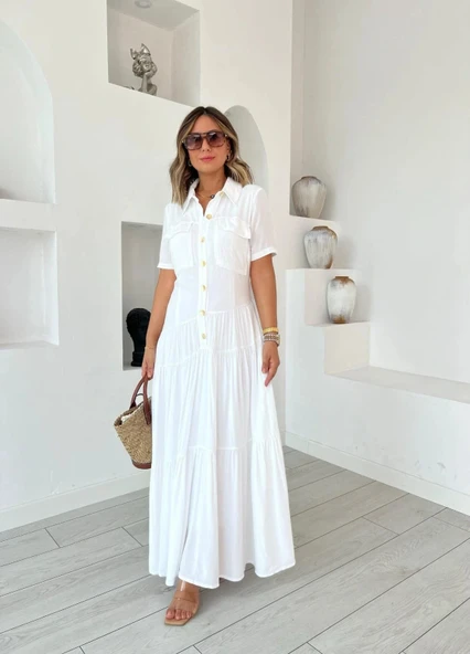 Kadın Dokuma Kumaş Cep Detaylı axi Boy Gömlek Elbise ürün görseli