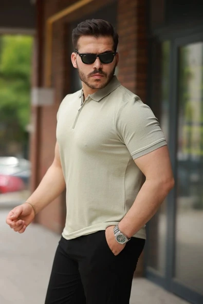 Erkek Fermuarlı Yaka Kısa Kollu Tişört - Resim 2