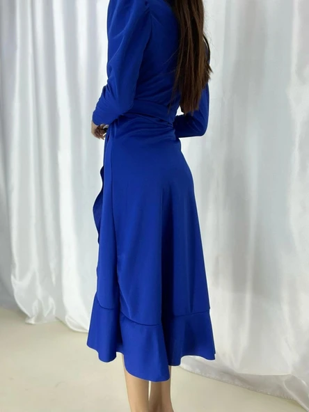 Krep Kumaş idi Boy Kuşaklı Uzunkol Elbise - Resim 7