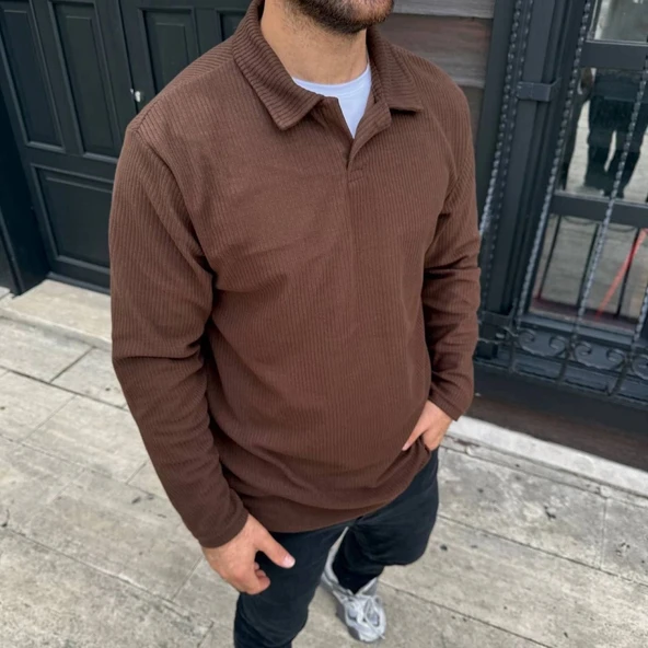 Erkek Fitilli Polar weatshirt – Düğmesiz Polo Yaka, Oversize Rahat Kalıp, Kalın Polar Kumaş, Kışlık Ve Baharlık Şık Günl - Resim 3