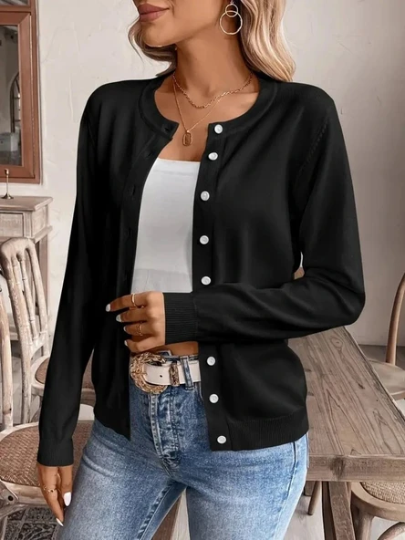 Kadın Uzun Kollu önden Düğmeli Triko Ceket - Resim 4