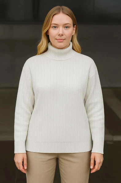 Balıkcı Yaka Bağazlı Triko Kazak Pamuklu Kalın Fitilli Dokuma  Beyaz - Resim 3