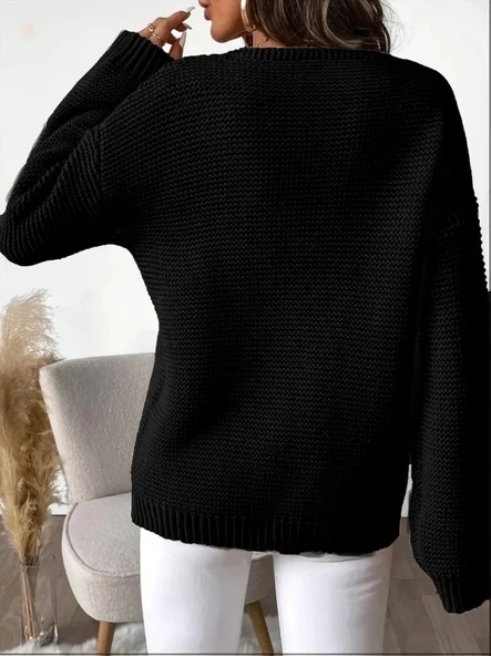 Kadın Uzun Kollu V Yakalı Düğmeli Triko Bluz - Resim 2