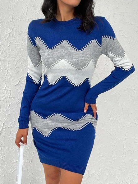 Kadın Uzun Kollu Zigzag Desen Triko Elbise - Resim 2