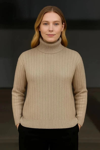 Balıkcı Yaka Bağazlı Triko Kazak Pamuklu Kalın Fitilli Dokuma  Bej - Resim 3