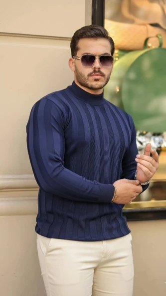 Erkek Yarım Balıkçı Yaka Kabartma Desenli Triko ürün görseli