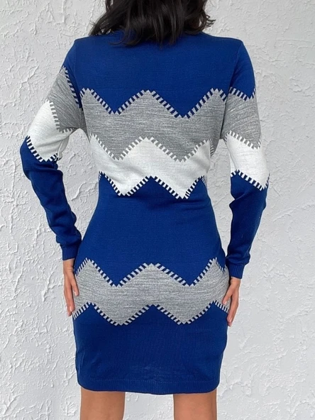 Kadın Uzun Kollu Zigzag Desen Triko Elbise - Resim 3