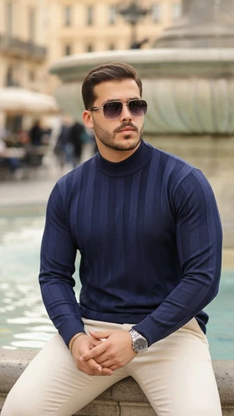 Erkek Yarım Balıkçı Yaka Kabartma Desenli Triko - Resim 4