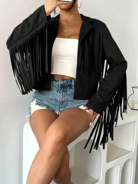 Kadın Uzun Kollu Yakalı Kısa Püsküllü Süet Ceket - Resim 2