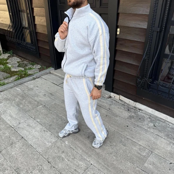 Erkek Çift Şeritli Eşofman Takım Dik Yaka Fermuarlı weatshirt Boru Paça Alt, Oversize 3 Iplik Pamuklu  Gri - Resim 2
