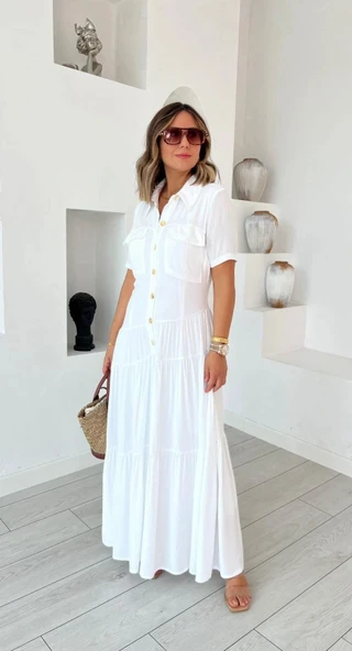 Kadın Dokuma Kumaş Cep Detaylı axi Boy Gömlek Elbise - Resim 3