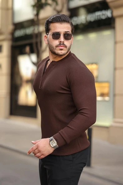 Erkek Fermuarlı Bisiklet Yaka Dokulu Uzun Kollu Triko - Resim 2