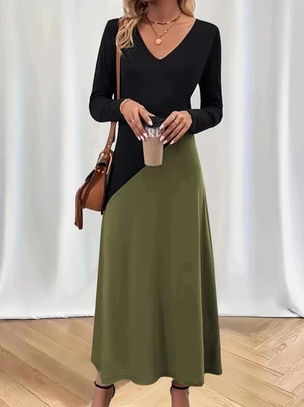 Kadın Uzun Kollu V Yakalı Blok Desenli Viskon Elbise ürün görseli