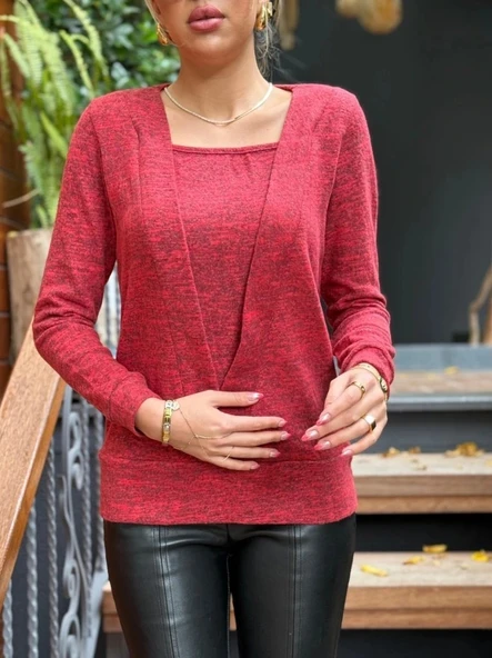 Kadın Uzun Kollu Kruvaze Yaka Kol Ve Etek Ucu Manşet Detay Yumoş Bluz - Resim 6