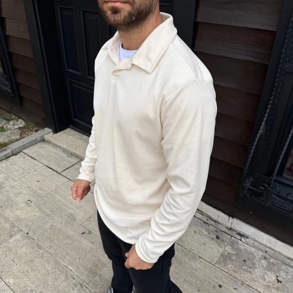 Erkek Fitilli Polar weatshirt – Düğmesiz Polo Yaka, Oversize Rahat Kalıp, Kalın Polar Kumaş, Kışlık Ve Baharlık Şık Günl - Resim 2