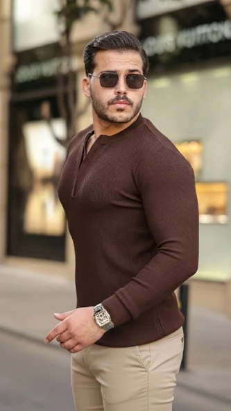 Erkek Fermuarlı Bisiklet Yaka Dokulu Uzun Kollu Triko - Resim 4