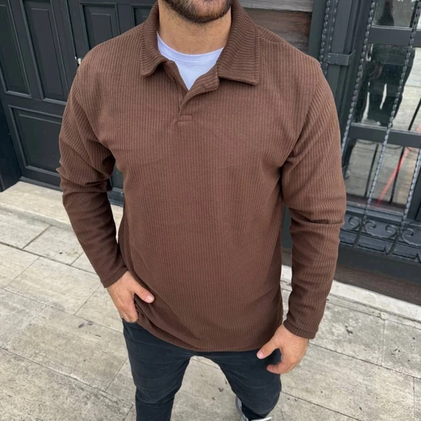 Erkek Fitilli Polar weatshirt – Düğmesiz Polo Yaka, Oversize Rahat Kalıp, Kalın Polar Kumaş, Kışlık Ve Baharlık Şık Günl - Resim 2