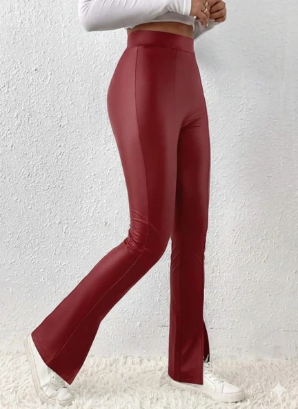 Kadın Yüksek Bel önden Yırtmaçlı Deri Tayt - Resim 2