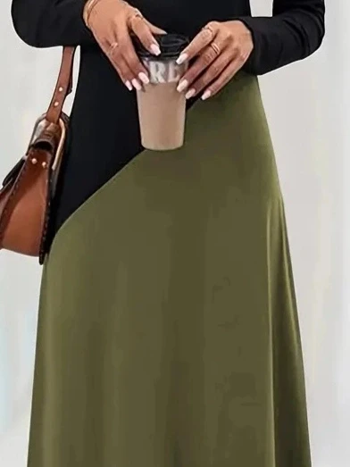 Kadın Uzun Kollu V Yakalı Blok Desenli Viskon Elbise - Resim 2