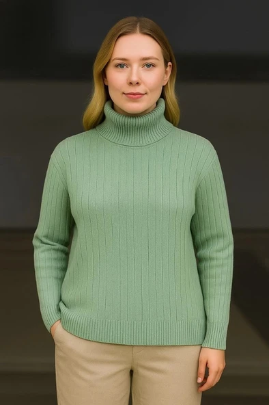 Balıkcı Yaka Bağazlı Triko Kazak Pamuklu Kalın Fitilli Dokuma  int Yeşili - Resim 3