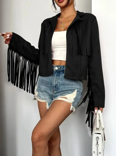 Kadın Uzun Kollu Yakalı Kısa Püsküllü Süet Ceket - Resim 4