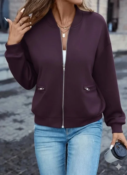 Kadın Uzun Kollu önden Fermuarlı Cepli Modal Mürdüm Ceket - Resim 2