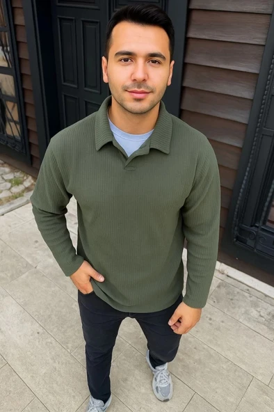 Erkek Fitilli Polar weatshirt – Düğmesiz Polo Yaka, Oversize Rahat Kalıp, Kalın Polar Kumaş, Kışlık Ve Baharlık Şık Günl - Resim 2